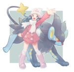  1girl :d arm_up beanie black_hair blue_eyes boots border buttons clenched_hand closed_mouth coat colored_sclera commentary_request dawn_(pokemon) hair_ornament hairclip hat legs_apart long_hair long_sleeves luxray open_mouth over-kneehighs pink_footwear pokemon pokemon_(creature) pokemon_(game) pokemon_dppt pokemon_platinum red_sclera s_(happycolor_329) scarf smile thighhighs tongue twitter_username watermark white_border white_headwear white_scarf winter_clothes yellow_eyes 