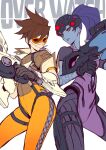  2girls bodysuit brown_hair closed_mouth colored_skin contrapposto dual_wielding earrings goggles grey_skin gun highres holding holding_gun holding_weapon jewelry kotatsu_(g-rough) multiple_girls night_vision_device orange_goggles overwatch ponytail purple_bodysuit purple_hair purple_lips short_hair sketch smile smug stud_earrings tracer_(overwatch) weapon widowmaker_(overwatch) yellow_bodysuit yellow_eyes 