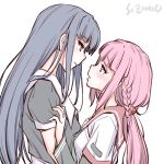  2girls bangs black_dress blue_eyes blue_hair blunt_bangs blush braid breasts dress eye_contact hand_on_another&#039;s_chest imminent_kiss kamihama_university_affiliated_school_uniform long_hair looking_at_another magia_record:_mahou_shoujo_madoka_magica_gaiden mahou_shoujo_madoka_magica medium_breasts multiple_girls nanami_yachiyo pink_eyes pink_hair school_uniform sidelocks small_breasts smile studiozombie tamaki_iroha yuri 