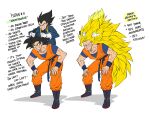  2boys bent_over black_eyes black_hair blonde_hair boots carrying dougi dragon_ball dragon_ball_z english_text furrowed_brow gloves green_eyes grin hands_on_own_knees holding_another&#039;s_hair jorongbak long_hair male_focus multiple_boys piggyback smile son_goku super_saiyan super_saiyan_1 super_saiyan_3 v-shaped_eyebrows vegeta very_long_hair white_gloves wristband 