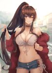  1girl ;) alternate_costume bangs black_choker blurry blurry_background bra breasts brown_eyes brown_hair choker cleavage coat commentary cowboy_shot cross-laced_clothes cross-laced_shorts denim denim_shorts front-tie_bra fur_coat hair_between_eyes hand_up high_ponytail highleg highleg_panties highres kantai_collection kasumi_(skchkko) large_breasts looking_at_viewer navel off_shoulder one_eye_closed open_clothes open_coat outdoors panties panty_peek playing_with_own_hair ponytail red_fur shorts smile solo stomach underwear white_bra white_panties yamato_(kancolle) 