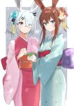  2girls :o absurdres alternate_costume alternate_hairstyle amiya_(arknights) animal_ear_fluff animal_ears aqua_eyes arknights blue_eyes blue_flower blue_kimono blush brown_hair chinese_zodiac closed_mouth cowboy_shot eyes_visible_through_hair flower frostnova_(arknights) grey_hair hair_bun hair_flower hair_ornament hair_over_one_eye hairclip highres holding japanese_clothes kimono long_hair looking_at_viewer multiple_girls obi official_alternate_costume parted_lips pink_kimono ponytail rabbit_ears sash short_hair sidelocks single_hair_bun smile snow_bunny sora_mame_(princess_0sora) tassel year_of_the_rabbit 