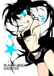  1girl ayuyu_(baby) belt black_bra black_hair black_nails black_rock_shooter black_rock_shooter_(character) bra breasts cleavage copyright_name glowing glowing_eyes medium_breasts nail_polish parted_lips scar short_shorts shorts solo star_(symbol) twintails underwear white_background 