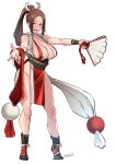  1girl :d bare_shoulders black_footwear breasts brown_hair butcha-u cleavage fatal_fury full_body hand_fan highres holding holding_fan loincloth long_hair looking_at_viewer ninja open_mouth paper_fan ponytail purple_eyes revealing_clothes shiranui_mai simple_background smile solo standing the_king_of_fighters tiptoes white_background 