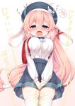  1girl absurdres animal_ear_fluff animal_ears azur_lane backpack bag bangs beret between_legs blue_bow blue_bowtie blue_eyes blue_headwear blue_skirt blush bow bowtie breasts breath collared_shirt commentary_request cowboy_shot drooling ear_ribbon embarrassed gradient gradient_background hair_flaps hair_ribbon half-closed_eyes hand_between_legs hat have_to_pee highres i-25_(azur_lane) kinomiki_nobori long_hair looking_at_viewer low-tied_long_hair medium_breasts miniskirt mouth_drool nose_blush open_mouth own_hands_together pee peeing peeing_self plaid plaid_skirt pom_pom_(clothes) rabbit_ears rabbit_girl raised_eyebrows randoseru red_ribbon ribbon shirt shirt_tucked_in sidelocks simple_background skindentation skirt solo speech_bubble spoken_blush standing steam sweat tears thighhighs thighs translation_request trembling v_arms very_long_hair wet wet_clothes white_background white_ribbon white_shirt white_thighhighs zettai_ryouiki 