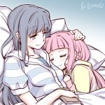  2girls bangs bed blue_eyes blue_hair book breasts closed_eyes hand_on_another&#039;s_head holding holding_book long_hair looking_at_another magia_record:_mahou_shoujo_madoka_magica_gaiden mahou_shoujo_madoka_magica medium_breasts multiple_girls nanami_yachiyo pajamas pillow sidelocks sleeping smile striped striped_pajamas studiozombie tamaki_iroha yuri 