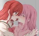  2girls after_kiss bangs blush bocchi_the_rock! bow closed_eyes commentary from_side gotou_hitori hair_between_eyes highres holding_another&#039;s_hair jacket kita_ikuyo long_hair long_sleeves looking_at_another multiple_girls pink_hair pink_jacket pink_track_suit red_bow red_hair sailor_collar saliva saliva_trail school school_uniform serafuku sweat torikoboshi track_jacket upper_body yellow_eyes yuri 