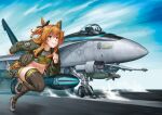  1girl 1other aircraft aircraft_carrier airplane animal_ears bomb bomber_jacket brown_hair commentary_request dog_tags explosive f/a-18e_super_hornet fighter_jet henshako horse_ears horse_girl jacket jet long_hair long_sleeves mayano_top_gun_(umamusume) military military_vehicle missile name_connection navel orange_eyes pilot running ship shirt shoes shorts skindentation smile sneakers solo_focus thighhighs top_gun top_gun:_maverick umamusume united_states_navy warship watercraft 