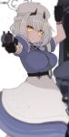  1girl aiming_at_viewer apron black_gloves blue_archive blue_dress braid breasts buttons closed_mouth double-breasted dress french_braid gloves grey_hair gun halo hat holding holding_gun holding_weapon horns large_breasts looking_at_viewer sena_(blue_archive) solo sumiyao_(amam) waist_apron weapon white_apron yellow_eyes 