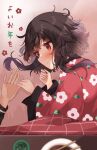  1boy 1girl bangs blanket blurry blurry_foreground blush bowl brown_hair chopsticks closed_mouth commentary depth_of_field floral_print from_above hand_grab happy_new_year highres japanese_clothes kimono kono_subarashii_sekai_ni_shukufuku_wo! kotatsu light_smile long_sleeves looking_at_another lying megumin messy_hair new_year nose_blush on_floor on_side red_eyes red_kimono satou_kazuma short_hair short_hair_with_long_locks sidelocks smile solo_focus table translated upper_body yuno_(suke_yuno) 