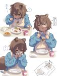  1girl animal_ears apron arknights atte_nanakusa blush_stickers brown_eyes brown_hair child closed_eyes cup eating food highres holding holding_spoon kindergarten_uniform medium_hair multiple_views parted_lips shaw_(arknights) spoon squirrel_ears squirrel_tail tail translated u_u wiping_face zzz 