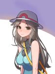  1girl bare_shoulders blush bodysuit breasts brown_eyes brown_hair closed_mouth hat hellk111 highres impossible_clothes leaf_(pokemon) long_hair looking_at_viewer medium_breasts pokemon pokemon_(game) pokemon_frlg smile solo 