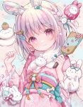  1girl animal animal_ear_fluff animal_ears bangs braid chinese_zodiac closed_mouth commentary_request frilled_sleeves frills grey_hair hagoita hair_ornament hands_up highres holding japanese_clothes kimono long_sleeves looking_at_viewer nengajou new_year obi original paddle pink_eyes pink_kimono rabbit rabbit_ears rabbit_hair_ornament rin_(fuwarin) sash smile solo two_side_up wide_sleeves year_of_the_rabbit 
