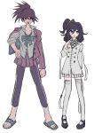  2girls :d :o bangs black_bow black_footwear bow bowtie breasts buttons checkered_clothes checkered_scarf clenched_hand danganronpa_(series) danganronpa_v3:_killing_harmony dress_shirt genderswap genderswap_(mtf) grey_shirt hair_between_eyes hair_bow hand_on_hip highres index_finger_raised jacket large_breasts long_hair long_sleeves looking_at_viewer miniskirt momota_kaito multiple_girls one_side_up ouma_kokichi pink_skirt ponytail sandals scarf shirt skirt smile spiked_hair teeth thighhighs upper_teeth_only visket53 white_skirt white_thighhighs 