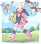  1girl :d beanie bird black_hair black_shirt blush boots cloud commentary_request dawn_(pokemon) day grass hair_ornament hairclip hat holding holding_pokemon long_hair open_mouth outdoors over-kneehighs pink_footwear pink_skirt pokemon pokemon_(creature) pokemon_(game) pokemon_dppt red_scarf s_(happycolor_329) scarf shirt skirt sky sleeveless sleeveless_shirt smile starly teeth thighhighs tongue turtwig upper_teeth_only walking white_headwear 
