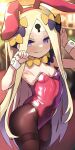  1girl :q abigail_williams_(fate) animal_ears armpits bare_shoulders black_bow blonde_hair blurry blurry_background bow breasts brown_pantyhose cleavage commentary_request covered_navel fake_animal_ears fate/grand_order fate_(series) hair_bow highres keyhole leotard long_hair looking_at_viewer pantyhose purple_eyes red_leotard shimejinameko small_breasts solo tongue tongue_out very_long_hair yellow_bow 