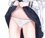  1girl ass_visible_through_thighs clothes_lift commentary highres lifted_by_self long_hair long_sleeves lower_body navel original panties pleated_skirt school_uniform shirono_mirai simple_background skirt skirt_lift solo underwear white_background white_hair white_panties zero_(miraichizu) 