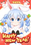  1girl 2023 animal_ear_fluff animal_ears black_gloves blue_eyes blue_hair bow braid carrot_hair_ornament chinese_zodiac closed_mouth commentary cosplay detached_sleeves dress fake_animal_ears food-themed_hair_ornament fur-trimmed_gloves fur_trim gloves gochuumon_wa_usagi_desu_ka? hair_bow hair_ornament happy_new_year highres hololive kafuu_chino looking_at_viewer mitya multicolored_hair puffy_short_sleeves puffy_sleeves rabbit_ears short_sleeves smile strapless strapless_dress tippy_(gochiusa) twin_braids twintails two-tone_hair upper_body usada_pekora usada_pekora_(cosplay) virtual_youtuber white_bow white_dress white_hair white_sleeves x_hair_ornament year_of_the_rabbit 