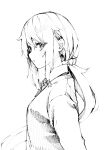  1girl from_side hatching_(texture) highres long_hair looking_at_viewer looking_to_the_side low_ponytail monochrome original setsuna_(miraichizu) sideways_glance simple_background sketch solo upper_body white_background zero_(miraichizu) 