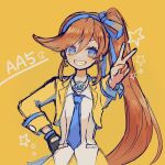  1girl ace_attorney athena_cykes blue_eyes blue_necktie crescent crescent_earrings cropped_jacket earrings gloves grin hair_ribbon hairband hand_on_hip highres jacket jewelry long_hair looking_at_viewer mameeekueya necklace necktie open_mouth phoenix_wright:_ace_attorney_-_dual_destinies ponytail ribbon shirt simple_background single_earring skirt smile solo star_(symbol) v yellow_background yellow_jacket yellow_skirt 