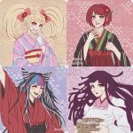  4girls :d :o alternate_costume alternate_hair_ornament apron arm_up artist_name bangs black_hair black_hakama black_kimono blue_background blue_hair blush blush_stickers bow brown_background brown_eyes bucket character_name clenched_hand closed_eyes commentary_request d: danganronpa_(series) danganronpa_2:_goodbye_despair earrings english_text floral_print flower freckles gloves green_kimono grin hair_flower hair_ornament hakama hand_up hands_up holding japanese_clothes jewelry kimono koizumi_mahiru long_hair long_sleeves looking_at_viewer messy_hair mioda_ibuki mole mole_under_eye multicolored_hair multiple_girls obi orange_eyes outline pink_background pink_eyes pink_hair pink_kimono purple_hair red_bow red_flower red_hair red_hakama red_kimono saionji_hiyoko sash shiinashiroo short_hair smile sweatdrop teeth tongue triangle_print tsumiki_mikan upper_body upper_teeth_only wa_maid water white_apron white_gloves white_hair white_outline wide_sleeves 