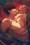  1boy abs bangs bare_pectorals bishounen black_hair closed_mouth flower from_side highres holding holding_flower lalatia-meai large_pectorals light_and_night_love lu_chen male_focus muscular muscular_male nipples obliques partially_undressed pectorals red_eyes short_hair smile solo upper_body 