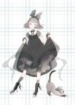  1girl black_bow black_cat black_dress bloomers blue_eyes bow cat clothes_lift dress eyokiki frills grey_hair hair_bow high_heels lolita_fashion original short_sleeves skirt skirt_lift standing underwear white_footwear 