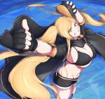  1girl arms_up azur_lane bangs belt bikini bikini_top_only black_bikini black_cloak black_gloves black_shorts black_sleeves blonde_hair breasts cleavage cloak collarbone commentary_request cowboy_hat cowboy_shot fingerless_gloves floating_hair gloves green_eyes grin groin hat highres holding holding_clothes holding_hat hornet_(azur_lane) hornet_ii_(azur_lane) large_breasts long_hair looking_at_viewer navel parted_bangs shadow short_shorts shorts shrug_(clothing) sidelocks skindentation smile solo standing stomach swimsuit teeth thigh_strap thighhighs twintails unijou_ri very_long_hair wading water yellow_belt 