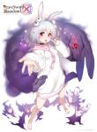  1girl animal_ears atte_nanakusa barefoot black_choker bracelet brave_sword_x_blaze_soul calbanog_(brave_sword_x_blaze_soul) choker grey_hair hair_intakes highres jewelry legs_apart logo long_sleeves looking_at_viewer medium_hair naked_shirt necktie official_art pink_necktie rabbit rabbit_ears rabbit_girl reaching_towards_viewer red_eyes shirt sleeves_past_wrists solo white_shirt 