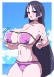  1girl absurdres akitokage bangs bare_shoulders bikini blue_sky blush breasts choker cleavage collarbone covered_nipples double_v eyepatch_bikini fate/grand_order fate_(series) highres huge_breasts long_hair looking_at_viewer minamoto_no_raikou_(fate) minamoto_no_raikou_(swimsuit_lancer)_(fate) navel ocean open_mouth parted_bangs purple_bikini purple_eyes purple_hair sky smile solo swimsuit thighs v very_long_hair 