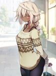  10mo 1girl bag casual contemporary cowboy_shot dark-skinned_female dark_skin guilty_gear guilty_gear_strive highres long_hair looking_at_viewer orange_eyes pants pony ramlethal_valentine solo sweater white_hair 
