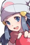  1girl :d beanie black_hair blue_eyes blush commentary_request dawn_(pokemon) eyelashes hair_ornament hairclip hand_up hat holding holding_poke_ball long_hair looking_at_viewer open_mouth poke_ball poke_ball_(basic) pokemon pokemon_(game) pokemon_dppt portrait red_scarf s_(happycolor_329) scarf sidelocks smile solo teeth tongue upper_teeth_only white_background white_headwear 