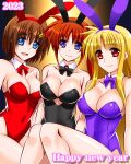  2023 3girls animal_ears bare_legs black_leotard blonde_hair blue_eyes bow bowtie breasts brown_hair chinese_zodiac cleavage commentary_request covered_navel detached_collar engo_(aquawatery) fate_testarossa feet_out_of_frame happy_new_year highres large_breasts leotard long_hair lyrical_nanoha mahou_shoujo_lyrical_nanoha_strikers multiple_girls playboy_bunny purple_bow purple_bowtie purple_eyes purple_leotard rabbit_ears rabbit_tail red_bow red_bowtie red_eyes red_leotard short_hair side_ponytail sitting strapless strapless_leotard tail takamachi_nanoha wrist_cuffs yagami_hayate year_of_the_rabbit 