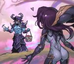  1boy 1girl ass backboob bangs basket bodysuit breasts detached_wings father_and_daughter food from_behind grey_bodysuit helm helmet holding holding_food horns kai&#039;sa kassadin league_of_legends long_hair multicolored_background muscular muscular_male orange_eyes phantom_ix_row purple_hair red_hair shiny shiny_hair wings 
