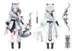  1girl animal_ears aqua_eyes arm_out_of_sleeve arms_at_sides bangs black_footwear black_hair blue_hair bow_(weapon) braid braided_ponytail closed_mouth dagger ddcc0123 fur_trim hadanugi_dousa highres holding holding_dagger holding_knife holding_weapon knife leopard_ears leopard_girl leopard_tail long_hair looking_at_viewer multicolored_hair multiple_views original quiver reference_sheet standing streaked_hair tail turnaround weapon white_hair 