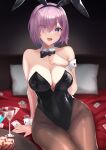  1girl absurdres animal_ears bangs bare_shoulders black_leotard breasts brown_pantyhose cleavage cocktail_glass cup detached_collar drinking_glass fake_animal_ears fate/grand_order fate_(series) hair_over_one_eye highres kazami_chiu large_breasts leotard light_purple_hair looking_at_viewer mash_kyrielight open_mouth pantyhose playboy_bunny poker_chip purple_eyes rabbit_ears revision short_hair sitting smile solo strapless strapless_leotard thighs wrist_cuffs 