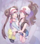  2girls :d baseball_cap black_pantyhose black_vest blush bow bright_pupils brown_hair commentary_request denim denim_shorts double_bun doughnut_hair_bun eyelashes green_eyes grin hair_bun hat high_ponytail hilda_(pokemon) legwear_under_shorts long_hair multiple_girls open_mouth pantyhose pink_bow pokemon pokemon_(game) pokemon_bw pokemon_bw2 raglan_sleeves rosa_(pokemon) s_(happycolor_329) shirt shorts sidelocks sleeveless sleeveless_shirt smile twintails twitter_username vest visor_cap watermark white_headwear white_pupils white_shirt wristband yellow_shorts 