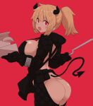  1girl :d apron ass bare_back black_apron blonde_hair breasts demon_tail dorohedoro dumpling food from_behind highres holding huge_breasts looking_at_viewer looking_back medium_hair naked_apron nikaidou_(dorohedoro) open_mouth ponytail red_background red_eyes shrug_(clothing) simple_background smile solo standing sumiyao_(amam) tail wide-eyed 