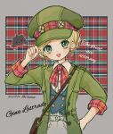  1girl :d ace_attorney bag blonde_hair blue_eyes bow coat collared_shirt dog gina_lestrade green_headwear hand_on_hip hat highres holding holding_clothes holding_hat jacket long_sleeves looking_at_viewer mameeekueya open_mouth pleated_sleeves shirt short_hair sleeves_rolled_up smile solo standing the_great_ace_attorney toby_(ace_attorney) vest white_shirt 