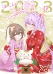  2023 2girls animal_ears brown_hair closed_mouth flat_chest floral_print hand_up highres inaba_mob_(touhou) inaba_tewi japanese_clothes kimono looking_at_viewer multiple_girls new_year obi parted_lips pink_eyes print_kimono rabbit rabbit_ears rabbit_tail red_kimono reisen_udongein_inaba sash smile tail touhou translation_request usaka_ray 