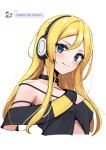  1girl bangs bare_shoulders black_collar black_shirt blonde_hair blue_eyes closed_mouth collar collarbone commentary cropped_torso deadnooodles hair_between_eyes headphones highres korean_text lily_(vocaloid) long_hair meme off_shoulder parted_bangs shirt shut_up_and_take_my_money_(meme) simple_background smile solo symbol-only_commentary translated upper_body vocaloid white_background 
