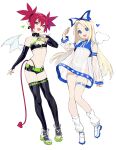  2girls :d absurdres angel_wings bangs black_gloves black_nails black_thighhighs blonde_hair blue_eyes commentary demon_girl demon_tail demon_wings disgaea earrings elbow_gloves etna_(disgaea) fang fingerless_gloves flat_chest flonne full_body gloves heart highres jewelry leotard long_hair looking_at_viewer makai_senki_disgaea multiple_girls navel open_mouth pointy_ears red_eyes red_hair revealing_clothes short_hair skull_earrings smile socks tail teeth thigh_strap thighhighs upper_teeth_only vertigris white_leotard white_socks wings 