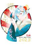  1girl 2023 absurdres artist_name blue_hair blue_kimono bunny_earrings commentary_request earrings floral_print flower fur_trim girls&#039;_frontline hair_flower hair_ornament happy_new_year highres japanese_clothes jewelry kimono looking_at_viewer nail_polish new_year orange_eyes short_hair smile solo sugac upper_body white_background zas_m21_(girls&#039;_frontline) 
