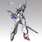  absurdres beam_rifle blue_eyes character_name copyright_name ctpt9r energy_gun english_text full_body gradient gradient_background grey_background gun gundam gundam_aerial gundam_suisei_no_majo hand_on_hip highres holding holding_gun holding_weapon mecha mobile_suit no_humans redesign robot science_fiction solo standing v-fin weapon 