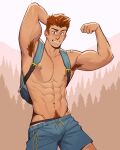  1boy abs absurdres armpits backpack bag bandaid bara brotexbrotex collaboration flexing forest highres jockstrap male_focus male_underwear mountain mountainous_horizon muscular muscular_male nature nipples original pectorals shorts smile solo topless_male underwear whyhelbram 