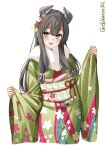  1girl alternate_costume black_hair blush cowboy_shot ebifurya floral_print flower furisode green_eyes green_kimono hair_between_eyes hair_flower hair_ornament hair_ribbon headgear highres i-47_(kancolle) japanese_clothes kantai_collection kimono long_hair long_sleeves low-tied_long_hair new_year obi official_alternate_costume one-hour_drawing_challenge ribbon sash simple_background solo tress_ribbon twitter_username white_background wide_sleeves 