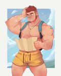  1boy abs absurdres armpits backpack bag bandaid bara brotexbrotex cloud cloudy_sky collaboration highres male_focus map muscular muscular_male nipples original pectorals shorts sky solo thinking topless_male whyhelbram 