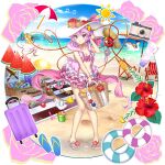  3girls artist_request ball beach beach_towel beach_umbrella beachball bikini blush bow bowtie bra breasts cat chen chen_(cat) cleavage commentary_request eyeball flower food frilled_scarf frilled_skirt frills hat heart heart-shaped_eyewear heart_of_string highres hoshiguma_yuugi komeiji_koishi komeiji_satori looking_at_viewer multiple_girls navel ocean official_art open_bag open_mouth outdoors pink_bra pink_eyes pink_hair pink_ribbon pink_skirt polka_dot ribbon ribbon-trimmed_collar ribbon_trim rose sandals short_hair siblings sisters skirt slippers small_breasts solo_focus string swimsuit third_eye touhou touhou_lost_word towel umbrella underwear white_headwear 