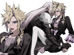  2boys armor black_dress black_gloves black_jacket blonde_hair blue_eyes blush bow braid cloud_strife crossdressing dress feet_out_of_frame final_fantasy final_fantasy_vii final_fantasy_vii_remake frilled_sleeves frills gloves grey_hair hair_bow holding_another&#039;s_wrist jacket long_hair long_sleeves male_focus multiple_boys official_alternate_costume open_mouth pantyhose saliva sephiroth shoulder_armor spiked_hair sweat twin_braids upper_body white_background white_pantyhose yijiao 