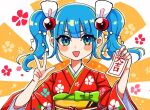  1girl :d alternate_costume blue_eyes blue_hair bow floral_print green_bow hair_bobbles hair_ornament japanese_clothes kawashiro_nitori kimono looking_at_viewer new_year ofuda omikuji open_mouth red_kimono sekkaku_nuru smile solo touhou two_side_up upper_body w wide_sleeves 